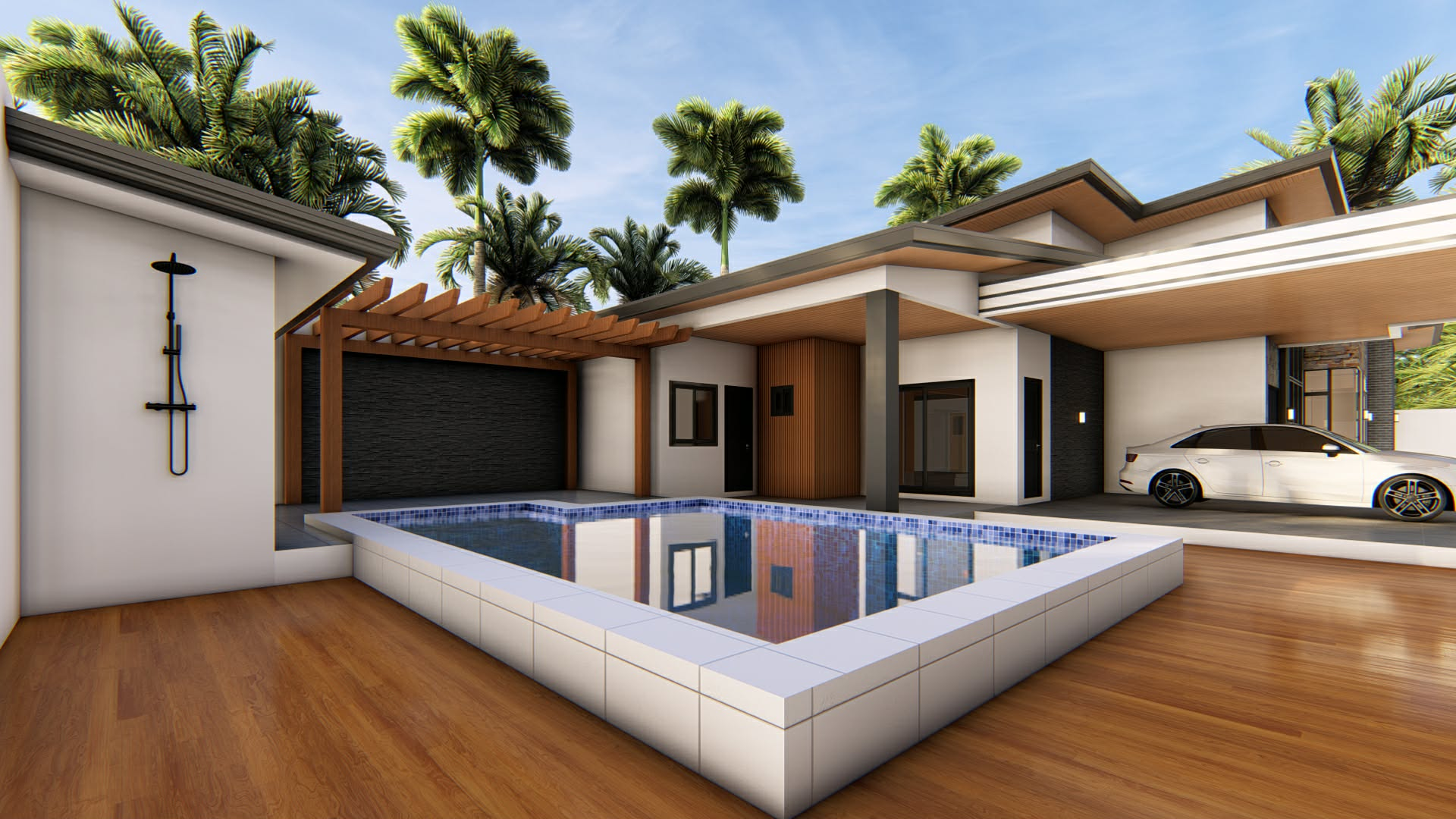 Resort-style pool house with pergola